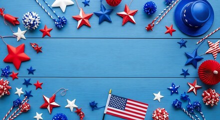 Obraz premium Festive fourth of july celebration decorations frame on blue wooden background