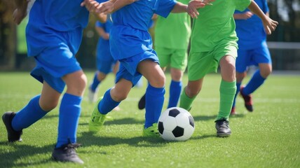 Obraz premium Youth Soccer Match Intense Action on the Field, Children in Sports Uniforms