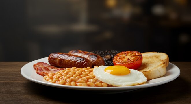 Indulge in a hearty Full English Breakfast, a classic culinary experience featuring perfectly cooked sausages, bacon, eggs, beans, grilled tomato, black pudding