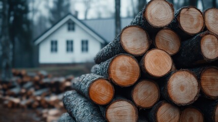 A picturesque arrangement of stacked logs in a serene forest setting with a charming white house in the background, showcasing a rustic, natural feel and cozy lifestyle.