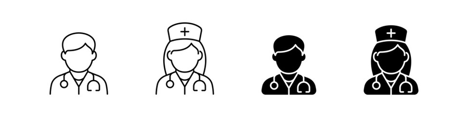 Doctor and medical worker avatars male and female in flat and outline styles. Healthcare profession icons for hospital and clinic use