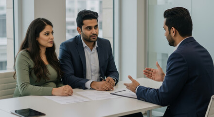 Couple Discussing Healthcare Loan Options with Financial Advisor - A young couple consults with a financial advisor about healthcare loan options.