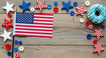 Obraz premium American flag stars buttons and donut on rustic wood background for patriotic celebration