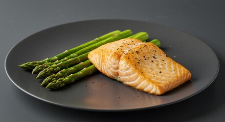 Savor the Exquisite Simplicity: Pan-Seared Salmon with Perfectly Roasted Asparagus on a Dark Slate Plate