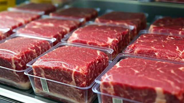 Raw beef steaks in plastic trays in a refrigerated display case