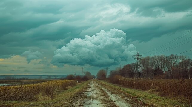 A nuclear mushroom cloud rising over a desolate landscape in a stark environment - Powered by Adobe