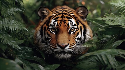 A close-up of a majestic tiger prowling through lush greenery, revealing the power and beauty of wildlife in its natural habitat.