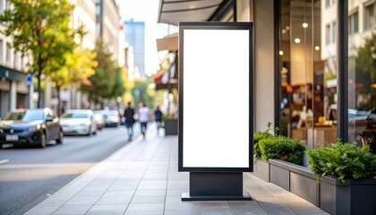 Frame mockup, blank advertising billboard stands on sidewalk of busy city street day.
