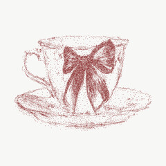 Hand drawn retro tea cup with cute bow and floral details. Stipple red illustration with gritty halftone texture, perfect for vintage tea time art.
