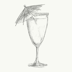 Cozy cafe drink, Italian style aperitivo cocktail drawn by hand with noisy gritty dot halftone effect. Vintage ink sketch and retro pop art stipple for restaurant designs.