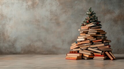A creative representation of a Christmas tree made from stacked books, creatively merging holiday spirit with love for reading and warmth of home decoration.