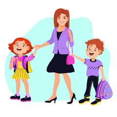 Mom, son, and daughter are holding hands and walking to school. Family scene, care, parenting. A loving mother and her children strolling, talking, and smiling. Vector flat illustration. 