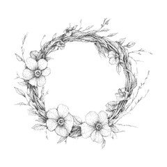 Delicate retro floral frame with blooming motifs, graceful handcrafted outlines. Texture, crosshatched shading, soft stipple details, botanical vintage style.