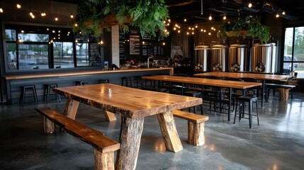 A charming restaurant interior featuring warm wooden tables, plants, and inviting lighting creates a cozy atmosphere perfect for gatherings and dining experiences.