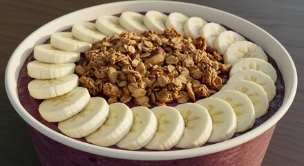 Indulge in the vibrant colors and textures of this acai bowl, perfectly adorned with sliced bananas and crunchy granola, a delightful symphony of flavors and healthy goodness.