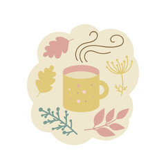 A cozy autumn mug with tea or coffee, yellow leaves and branches of plants in a flat cartoon design. It can be used for stickers, textiles, prints, and more.