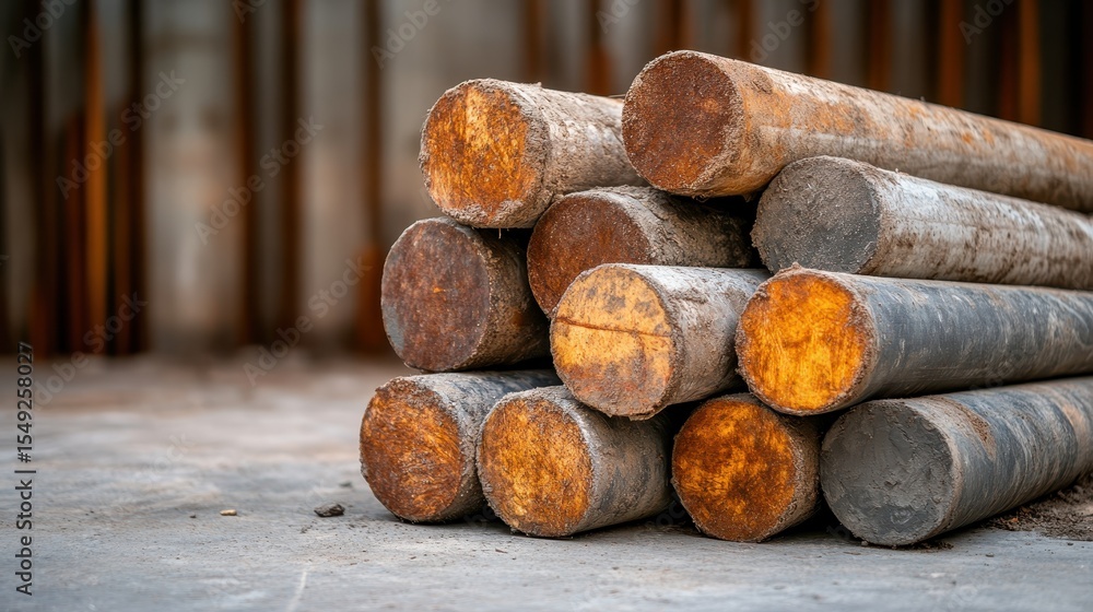 Poster a close-up photograph of stacked round wooden logs displaying rich textures and tones that convey a 