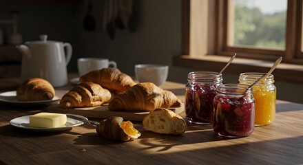 Golden sunlight streams through a window, illuminating a rustic wooden table laden with freshly baked croissants, creamy butter,