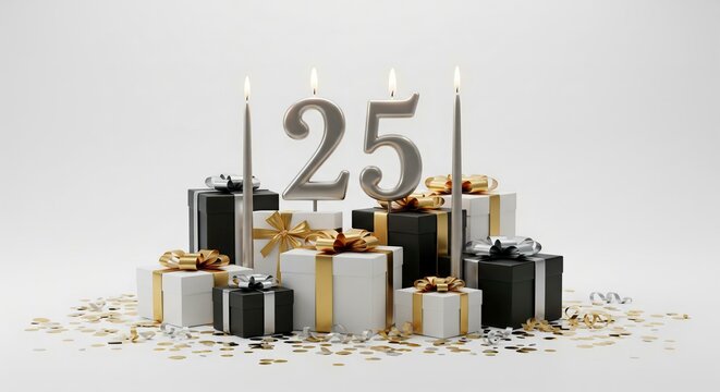 A stunning, photorealistic still life for a milestone birthday, featuring gifts and lit number candles (e.g., "25") in elegant gold.