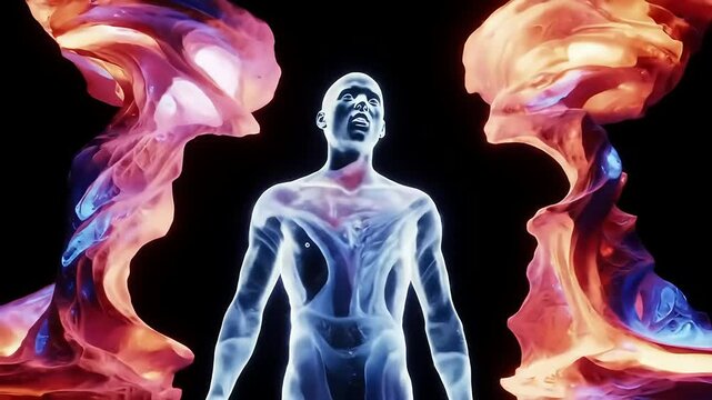 Abstract animation shows body transforming, energy swirling, red and blue hues, symbolizing metamorphosis, power, human evolution, internal energy, spiritual journey