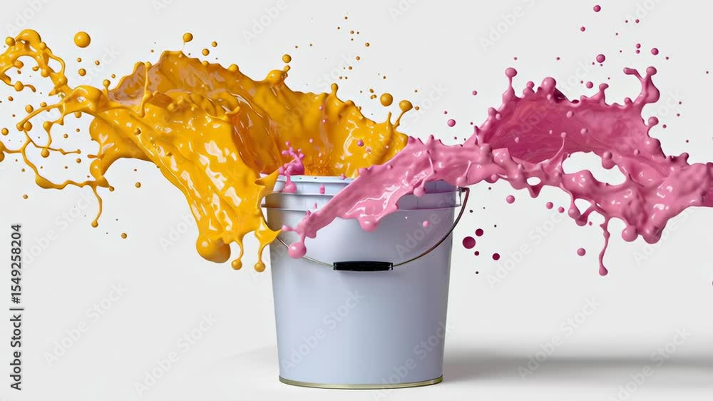 Aufkleber colorful splashes of pink and yellow paint erupting from a white bucket, creating a dynamic and vibr