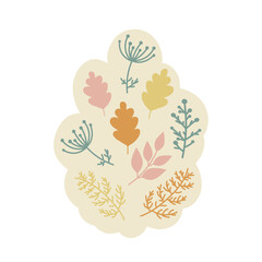 A simple cartoon botanical illustration in a minimalist flat style, autumn leaves and branches, perfect for use as a sticker, print, icon in a palette of beige, pink, yellow, orange, and green.