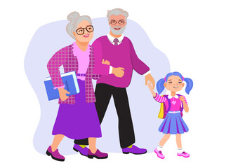 Grandmother, grandfather, and granddaughter are holding hands and walking to school. Family scene, care, parenting. Loving grandparents and child are talking and smiling. Vector flat illustration 