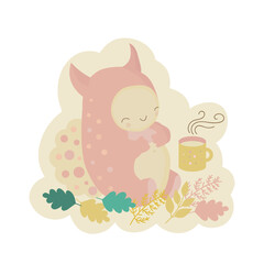 A cozy autumn picnic in the park or outdoors - cute pink monster enjoying a mug of hot tea or coffee with cookie. A friendly and funny character that can be used as stickers, prints, or in web design.