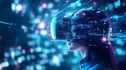 Woman wearing VR headset immersed in digital world, surrounded by glowing data visuals and technology - Powered by Adobe