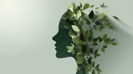 Green silhouette with growing leaves symbolizing nature-based mental health and emotional healing vector concept.