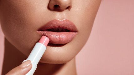 Naklejka premium Applying lip balm from stick, minimal 