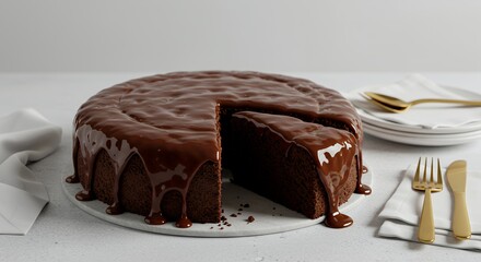 Indulge in Decadence: A Rich Chocolate Cake, Perfectly Glazed and Ready to Share, Beckons with Irresistible Sweetness.