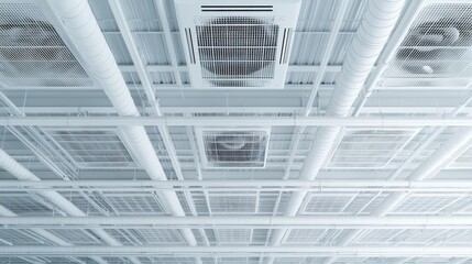 A captivating modern industrial ceiling with exposed air ducts and pipes, emphasizing the aesthetic appeal of industrial design and contemporary architecture in urban spaces.