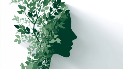 Green silhouette with growing leaves symbolizing nature-based mental health and emotional healing vector concept.