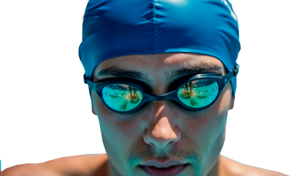 Close-up portrait of swimmer in blue swim cap and goggles on transparent background, athletic training concept

