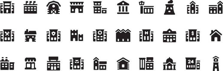 Real Estate and Building Solid Icons – Cityscape, Apartment, Property, Home, Architecture Vector