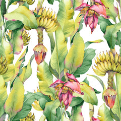 Seamless watercolor pattern with tropical elements: banana leaves, a bunch of ripe bananas, and a large pink banana blossom. Hand-painted botanical design, perfect for textile prints, packaging