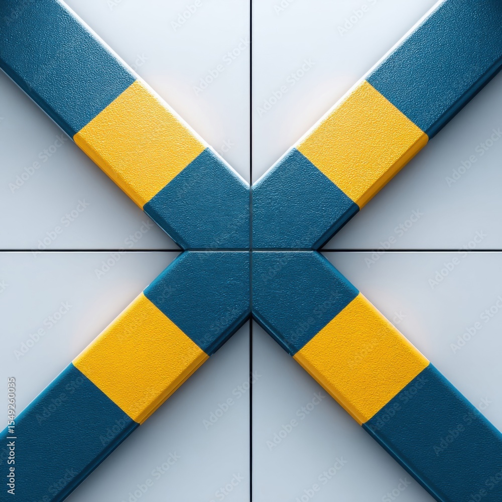 Poster close-up of a modern geometric design featuring intersecting blue and yellow textured bars forming a