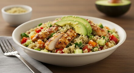 Delightful Quinoa Salad with Grilled Chicken and Avocado, a vibrant and healthy meal perfect for a light lunch or dinner.