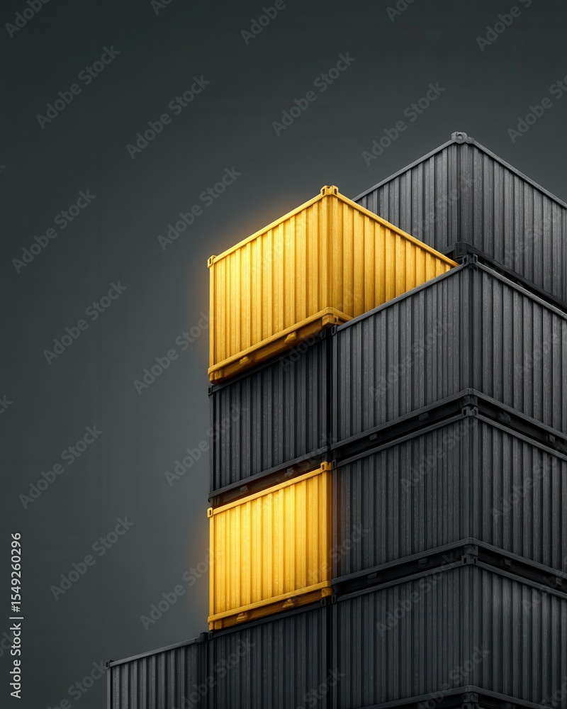 Poster stacked shipping containers with a dark background, featuring two illuminated yellow containers cont