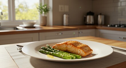 Sunlit Kitchen Table Setting: A Deliciously Simple Salmon and Asparagus Dinner Awaits