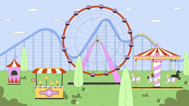 Empty amusement park with ferris wheel, carousel, carnival game 2D cartoon animation. Roller coaster ride, horse roundabout attractions rotating animated flat backdrop 4K video background scene