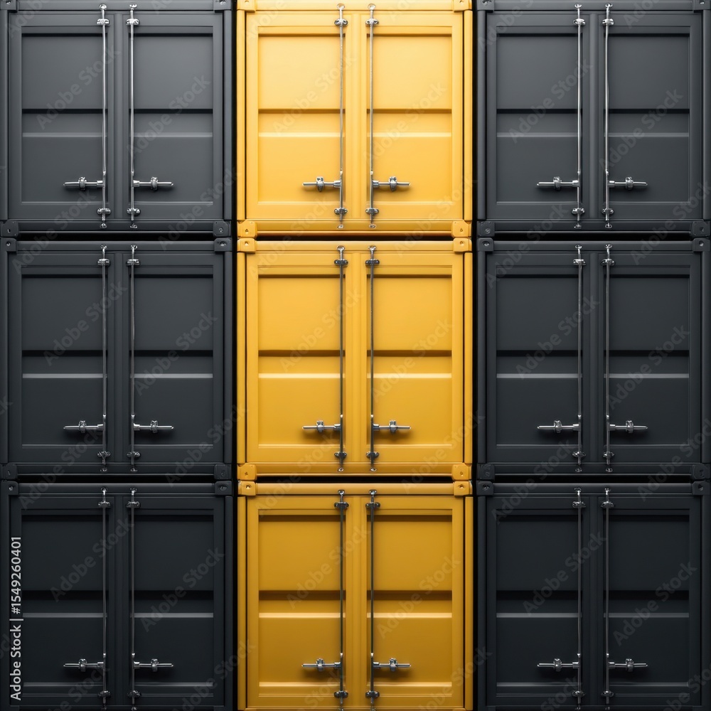 Poster a close-up view of stacked shipping containers in alternating black and yellow colors, showing their