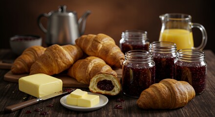Golden croissants, glistening jam, and creamy butter create a rustic breakfast scene, promising a delightful start to the day.