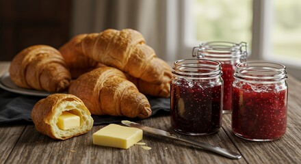 Golden-brown croissants, glistening raspberry jam, and creamy butter create a rustic breakfast scene bathed in soft, natural light.