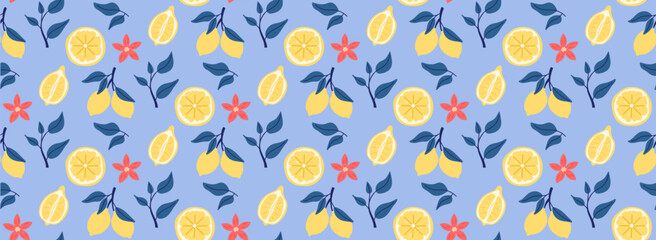 Seamless pattern with juicy lemons on a branch and flowers. Summer pattern for fabric or wallpaper. Vector illustration.