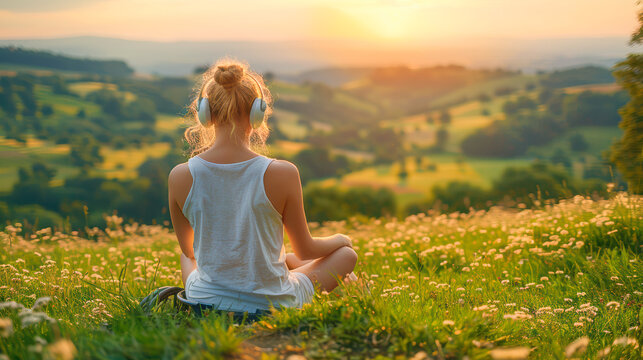 Young woman with headphones is meditating in a serene meadow, surrounded by blooming flowers and rolling hills at sunset, promoting relaxation and mindfulness