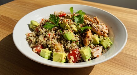Sun-drenched Quinoa Salad with Grilled Chicken, Avocado, and Tomatoes, a vibrant and healthy meal perfect for a summer day.