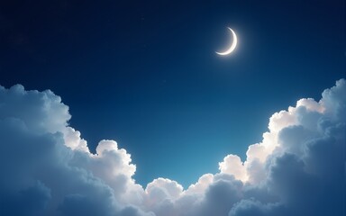 A serene night sky with a crescent moon nestled among soft clouds, evoking a peaceful, dreamlike atmosphere. Ideal for relaxation, fantasy, and nature themes. High quality