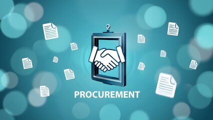 Procurement digital interface with handshake icon on businessman hand, symbolizing contract agreement, document workflow, and smart business solutions in modern supply chain systems.

